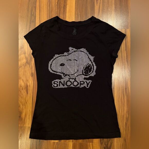 Juniors Peanuts Tee Shirt Snoopy Black Faux Rhinestones Cotton Blend large - Picture 1 of 3